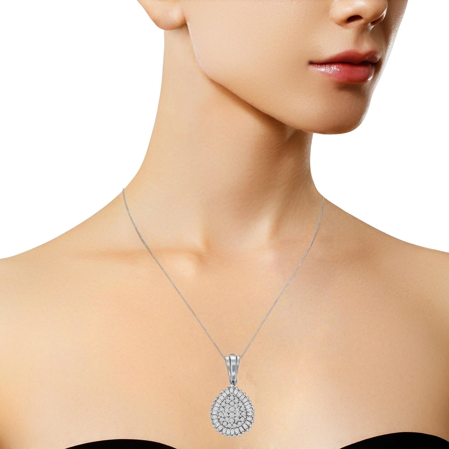 10K Gold 1/2 Cttw Round and Bagutte-Cut Diamond Teardrop 18" Pendant